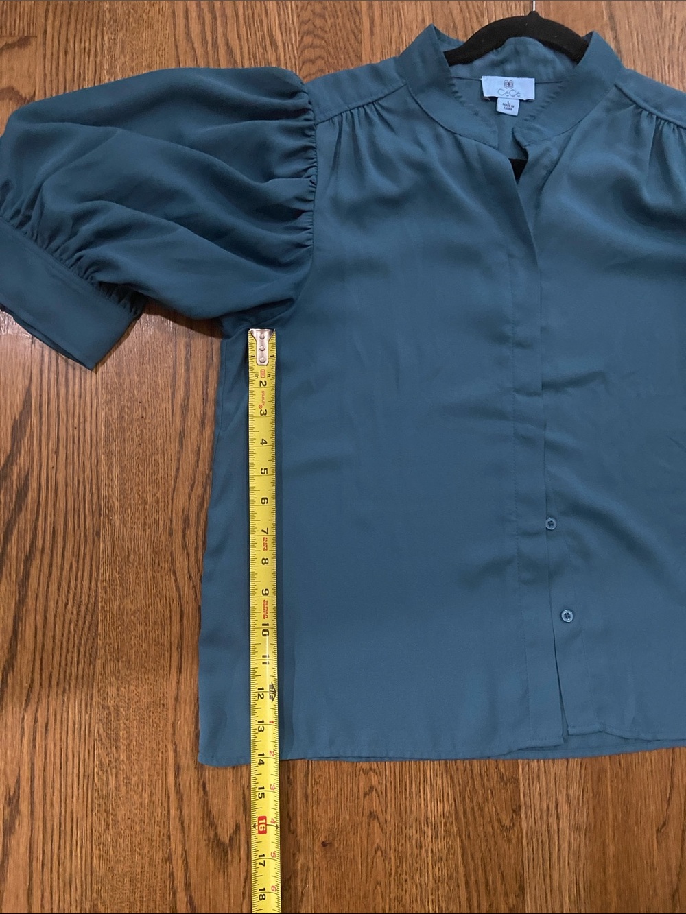 CeCe Teal Puff-Sleeve Button-Front Blouse - Picture 6 of 6